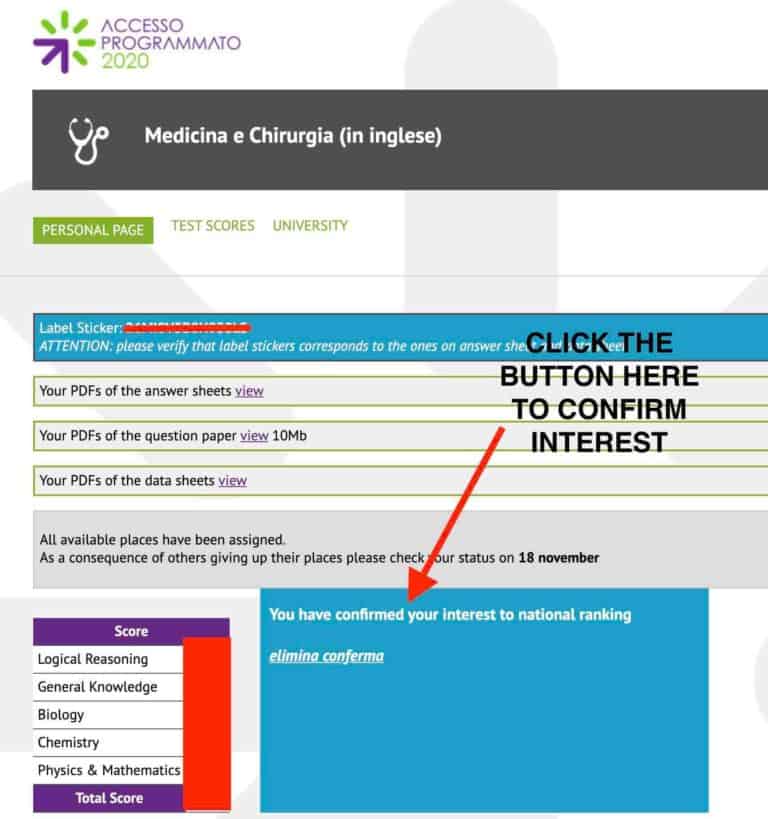 UniversItaly screenshot of IMAT 2021 ranking to confirm interest in medical school in Italy