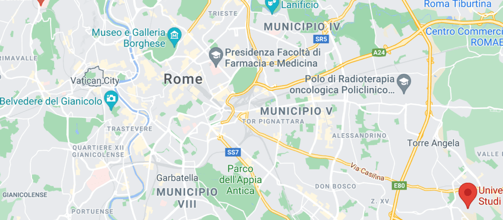 a map demonstrating the distance of torvergata university from the city centre of Rome. The faculty is south east compared to the centre.