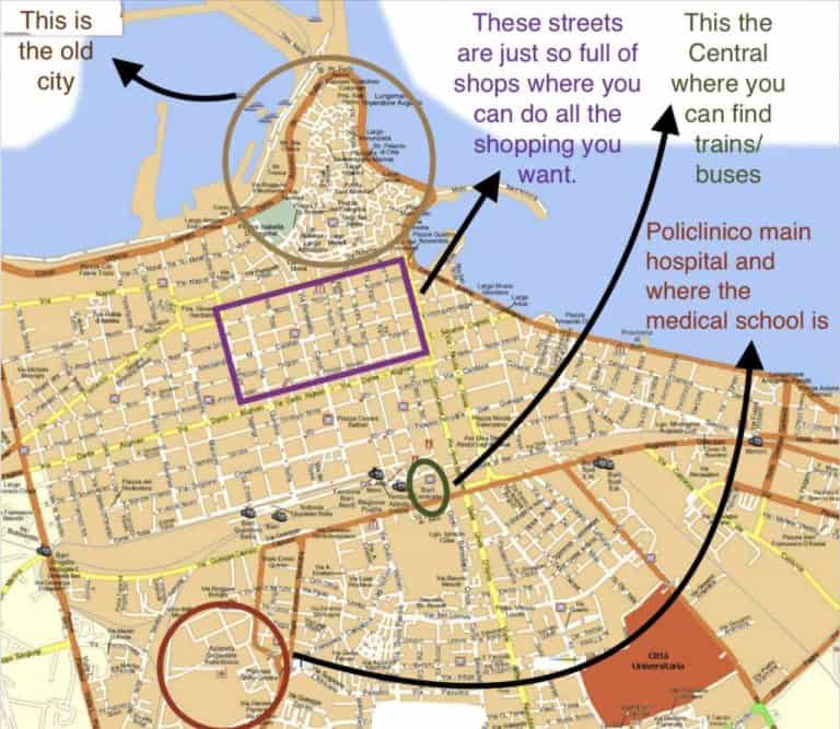 A marked map of Bari showing all of the points of interest for students to get around in