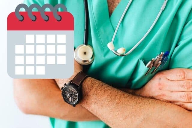 A doctor wearing green scrubs and a stethoscope around his neck, and a calendar graphic on top