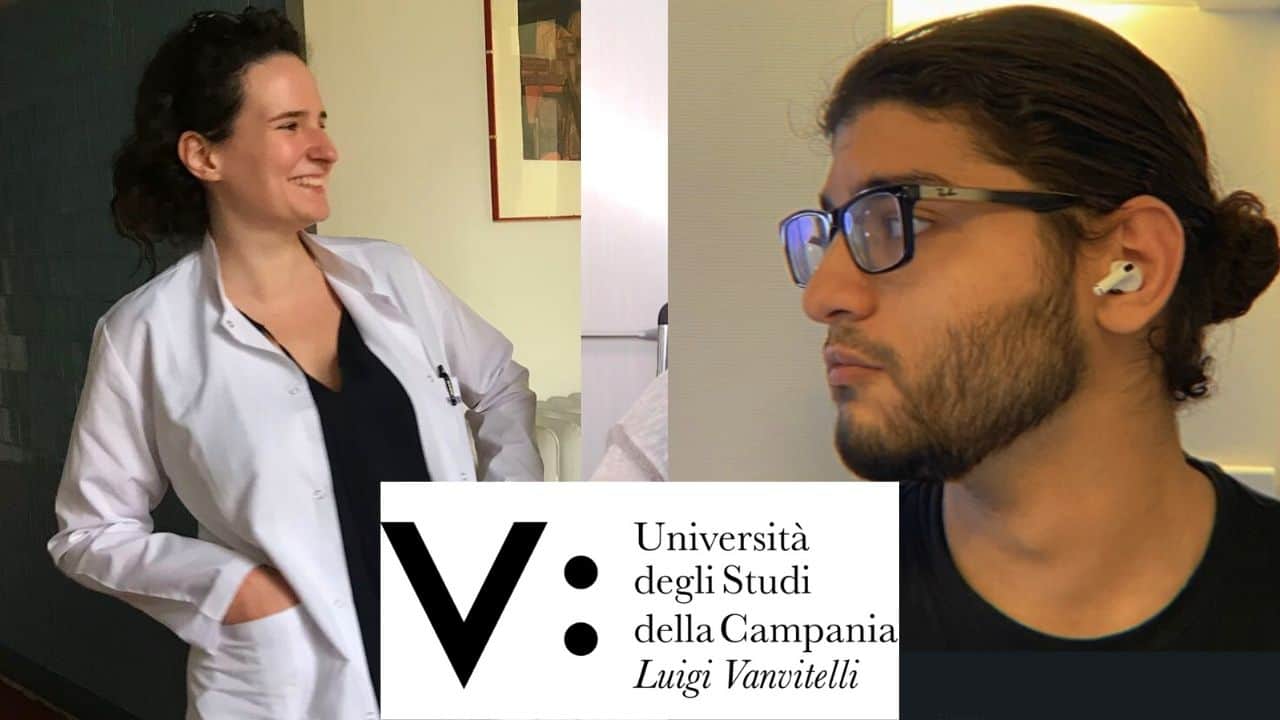 2 medical students who study medicine in Italy in English, there is the logo of luigi vanvitelli university on a white background