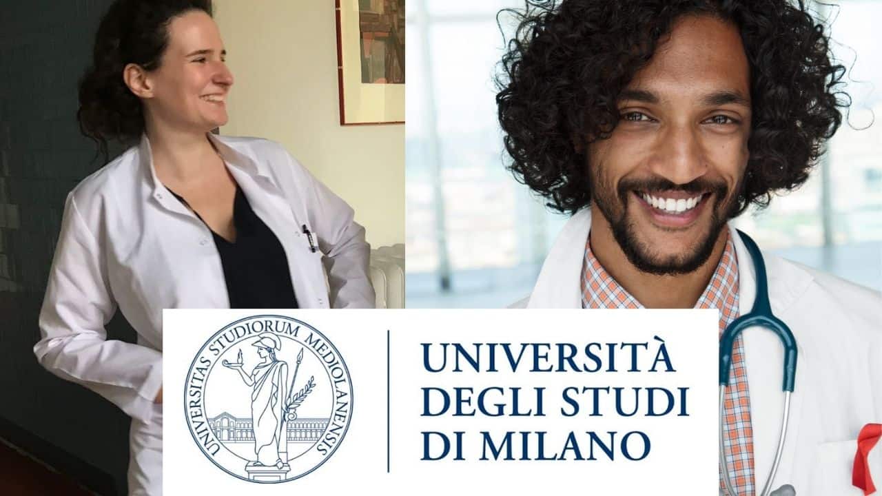 2 medical students smiling together, one is from la sapienza med in english programme, and the other milan med in english programme there is text that reads universita degli studi di milano