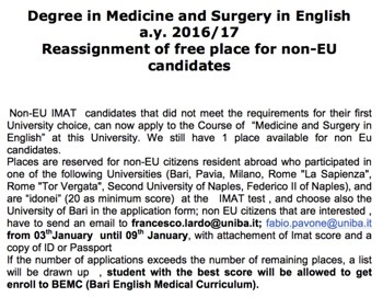 Non EU call to applicants for free spots in IMAT exam