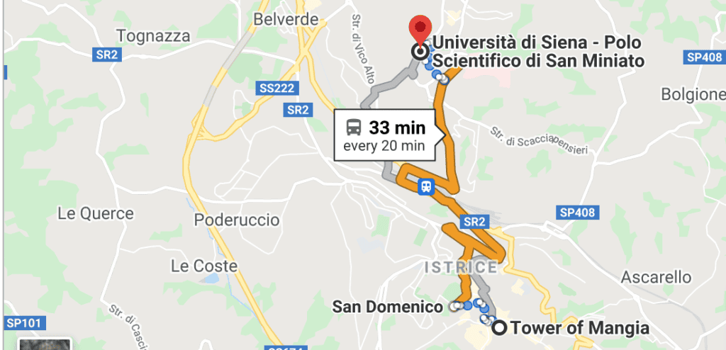 Siena University to San Miniato hospital route map for students studying dentistry