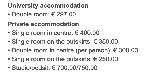 Siena University Accommodation costs for international students according to their website