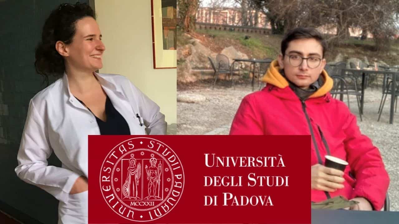 2 medical students from medicine in english programme in Italy, there is a logo of the university of padova on a red background