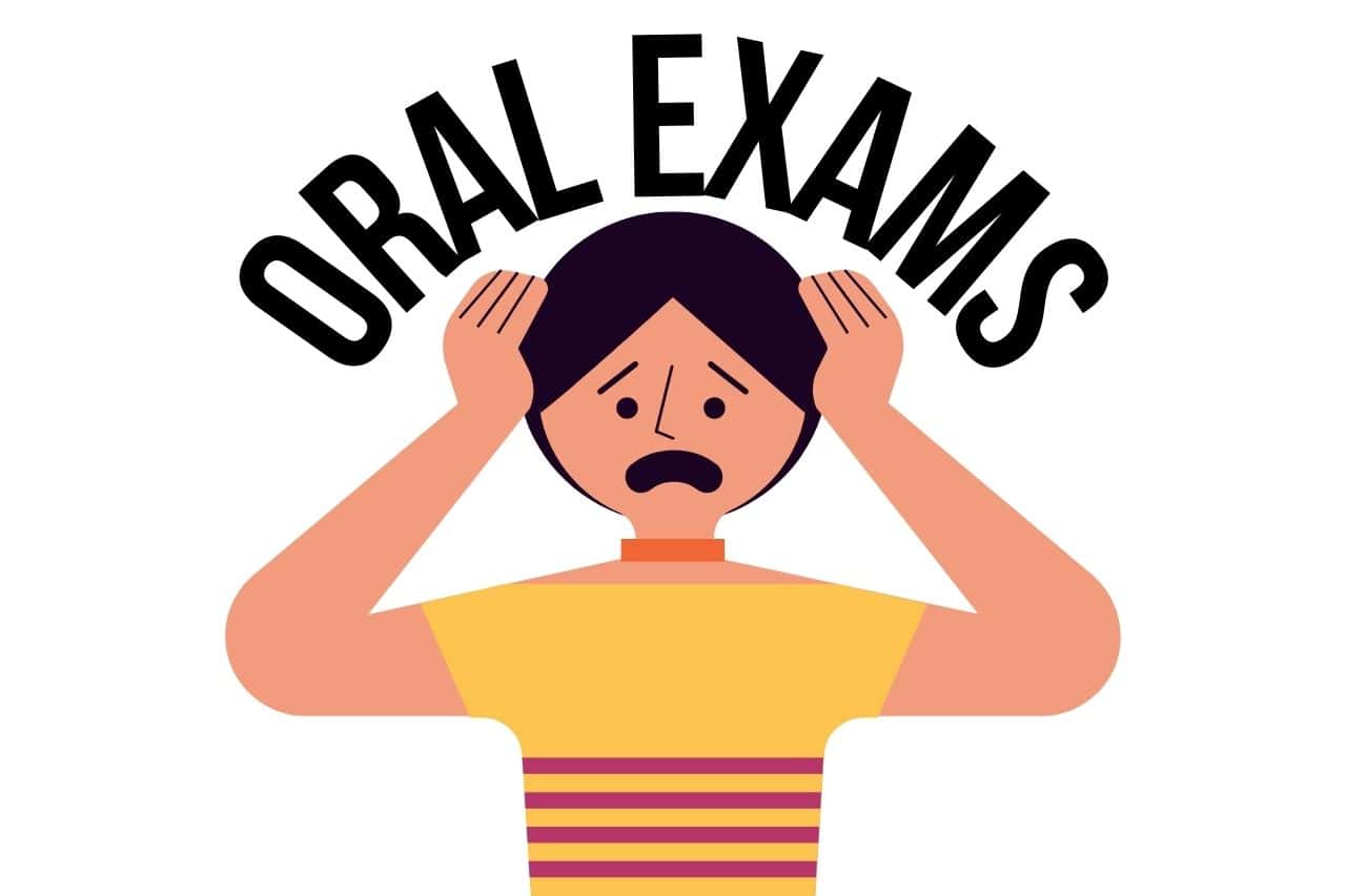 A scared young person with their hands on their head and gasping. There is text on top saying "oral exams"