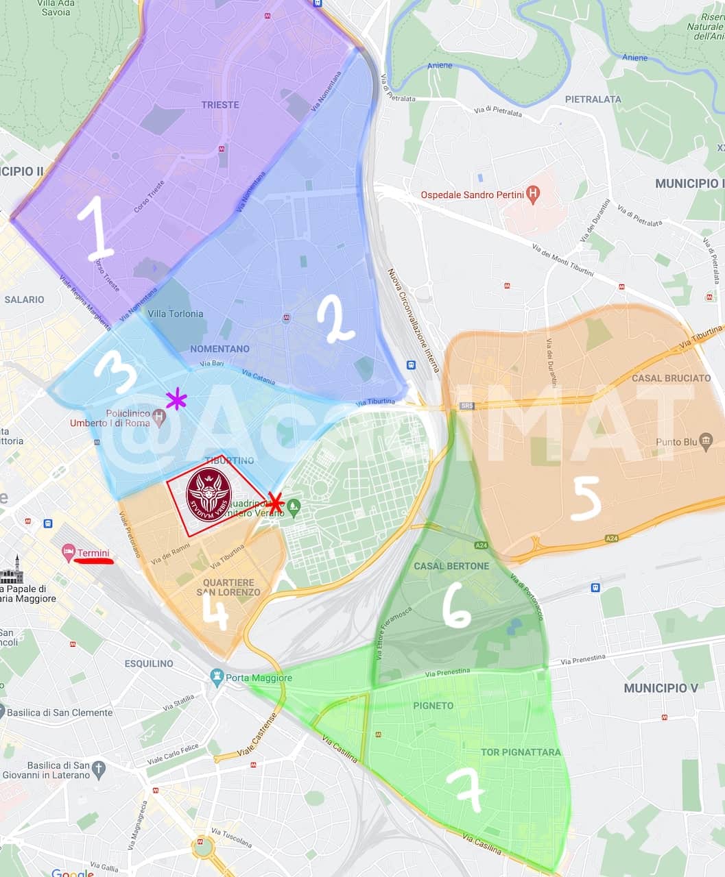 Colour coded map showing the different neighbourhoods next to La Sapienza university for popular choices for students