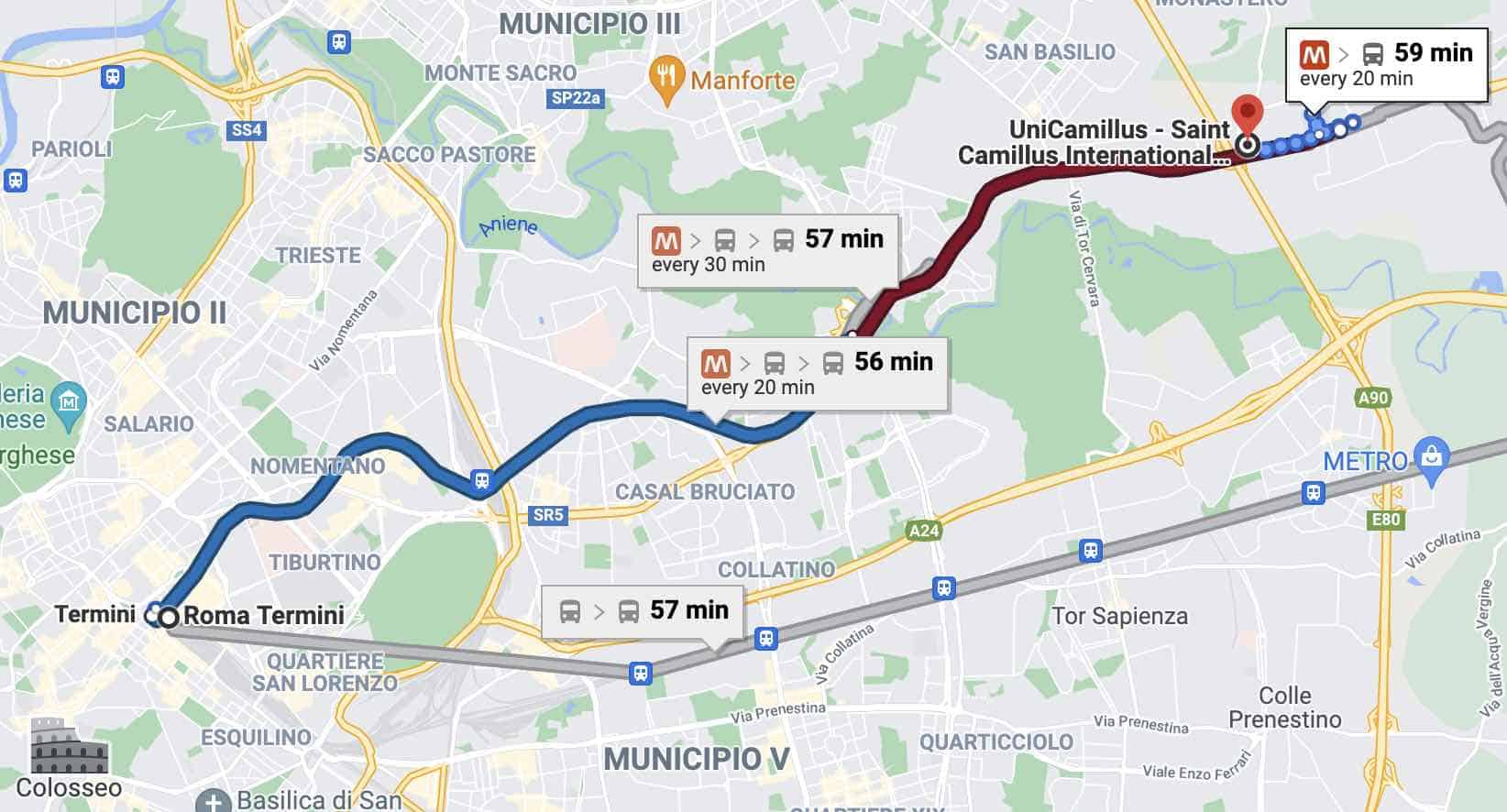 screenshot of google maps showing the distance from rome city centre from the medicine and surgery campus