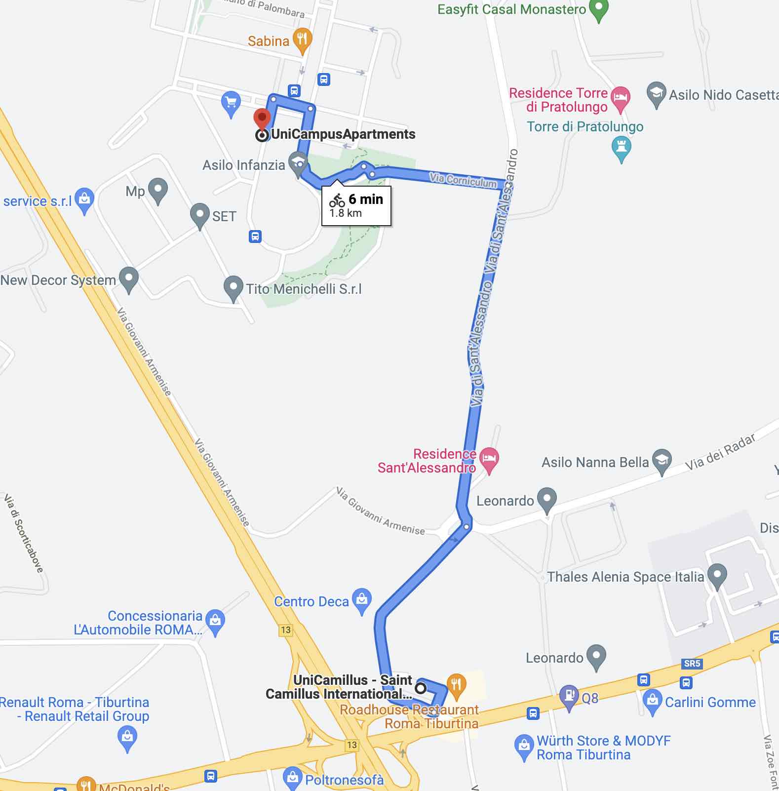 screenshot of google maps showing the distance from private dorms (accommodation) the medicine and surgery campus
