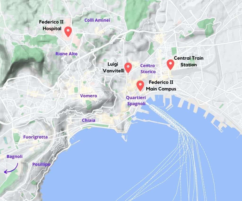 Napoli medicine in English locations terrain map