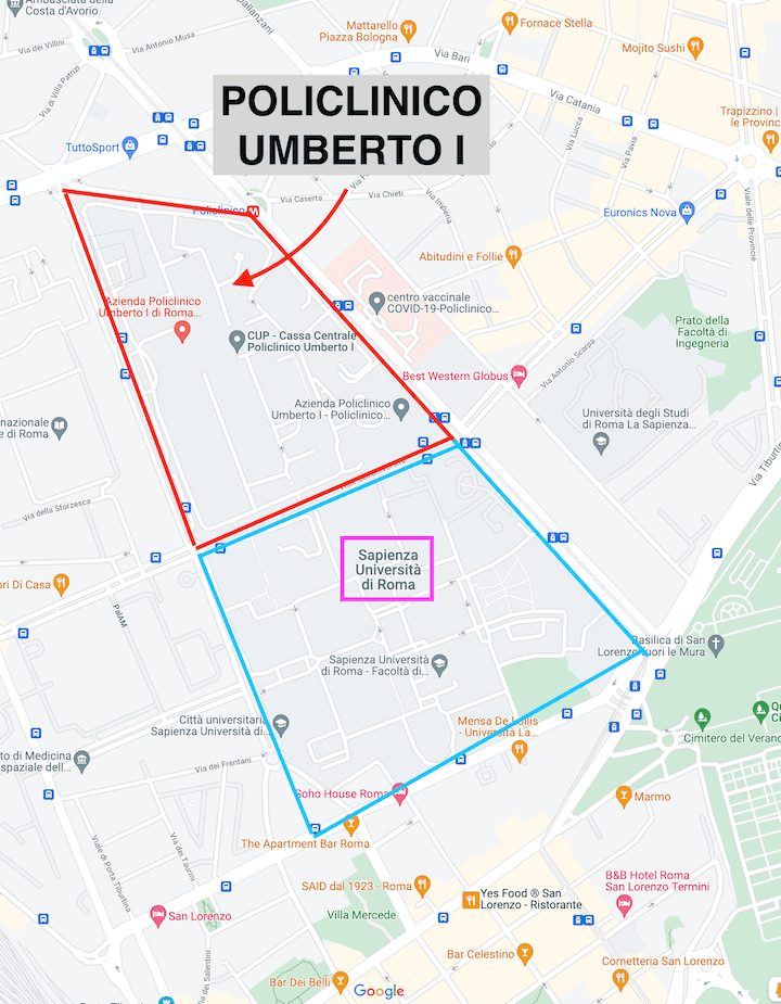 Screenshot of a google map image showing the location of sapienza and in comparison umberto I the main teaching hospital