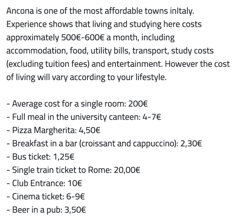 Screenshot from Marche Politecnica Website outlining costs on average for students