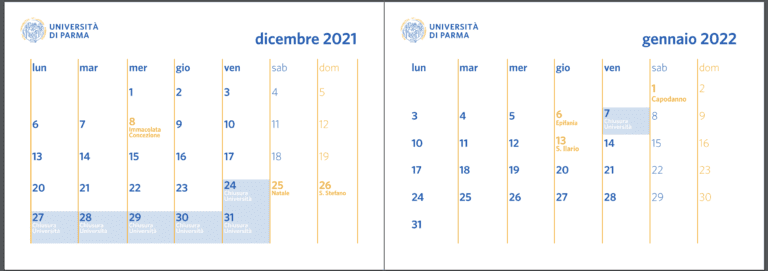 A calendar with layout of weeks in December and January to show what days of the year are a holiday in parma university medicine in English course.