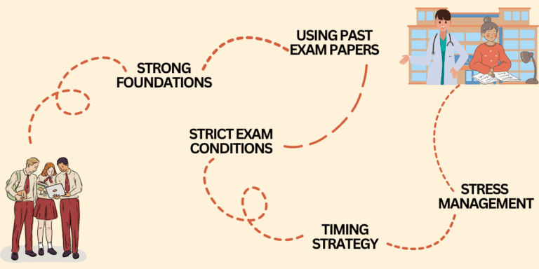 a graphic map guiding students through a pathway that highlights the importance of having strong foundations, using past IMAT exam papers, simulating strict exam conditions, having good IMAT time management, and stress management to get to medical school in Italy.