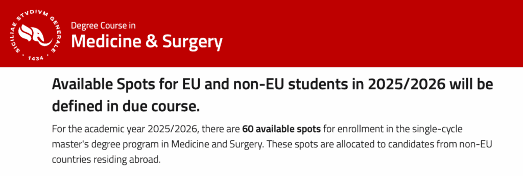 Number of IMAT seats for the University of Catania in 2025